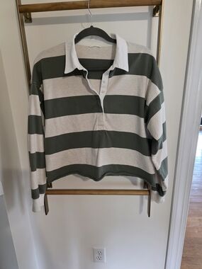 aerie Cropped Rugby Pullover - Olive Green & Cream